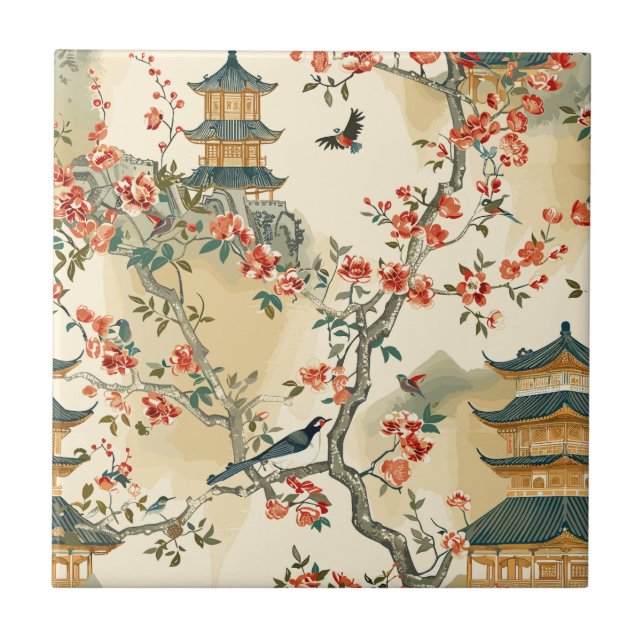 Azulejo Elegante Chinoiserie - Pagodas, Flores y Aves (Frente)