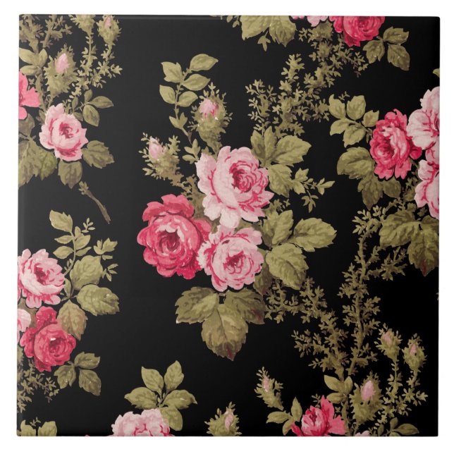Azulejo Elegante color rosa rosado de época - fondo negro (Frente)