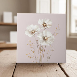 Azulejo Elegante cosmos blancos flores faux hierba dorada