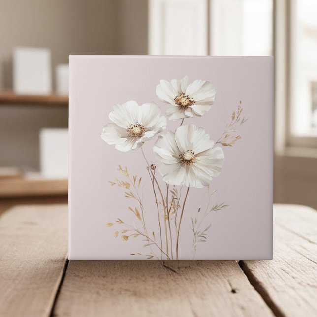 Azulejo Elegante cosmos blancos flores faux hierba dorada (Subido por el creador)