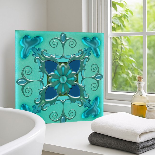 Azulejo Elegante cuarto de baño verde Verde azulado o mosa (Artistic tile for bathroom or kitchen featuring a fantasy geometric design in teal and mint green)