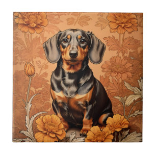 Azulejo Elegante Dachshund Y Marigoles