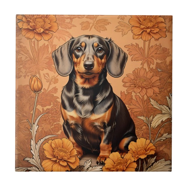 Azulejo Elegante Dachshund Y Marigoles (Frente)