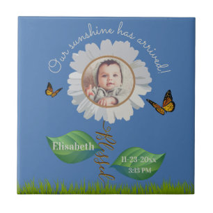 Azulejo Elegante Daisy Blue Floral Cute Baby Photo & Name