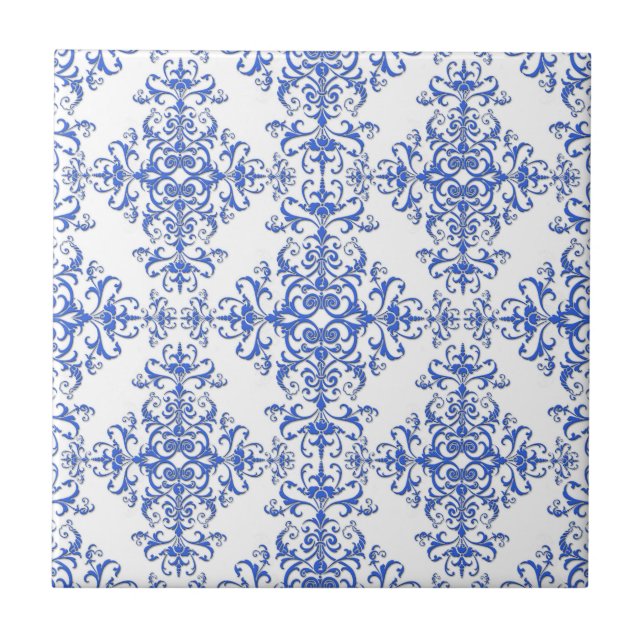 Azulejo Elegante Damasco estilo floral azul y blanco (Frente)