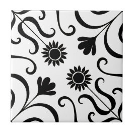 Azulejo Elegante Damasco floral negro y girasol blanco