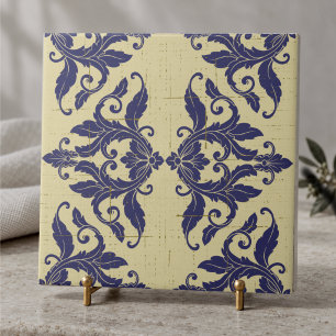 Azulejo Elegante damasco vintage azul naval amarillo monog
