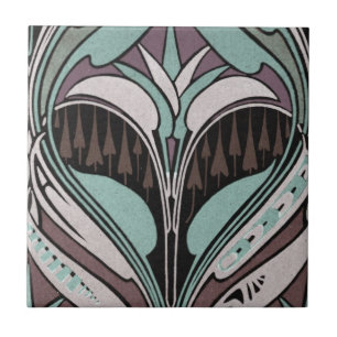 Azulejo elegante diseño art nouveau en verde azulado y vin