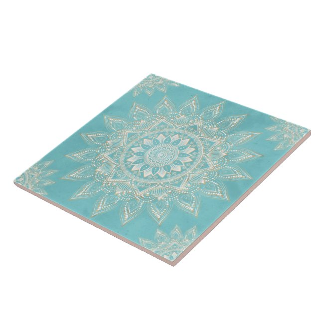 Azulejo Elegante diseño azul cielo de Mandala dorado blanc (Lado)