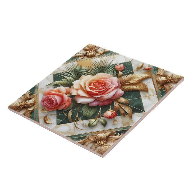 Azulejo Elegante diseño floral Rosa con acentos dorados (Lado)