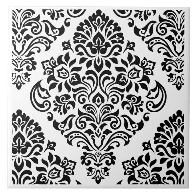 Azulejo Elegante diseño moderno de Damasco blanco negro (Frente)