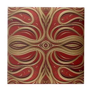 Azulejo Elegante Diseño Ornamental Oro en Fondo Rojo