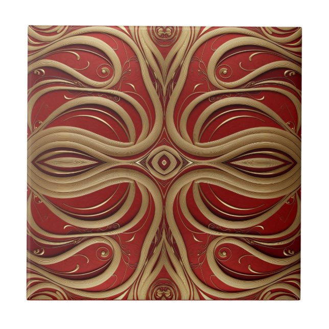 Azulejo Elegante Diseño Ornamental Oro en Fondo Rojo (Frente)