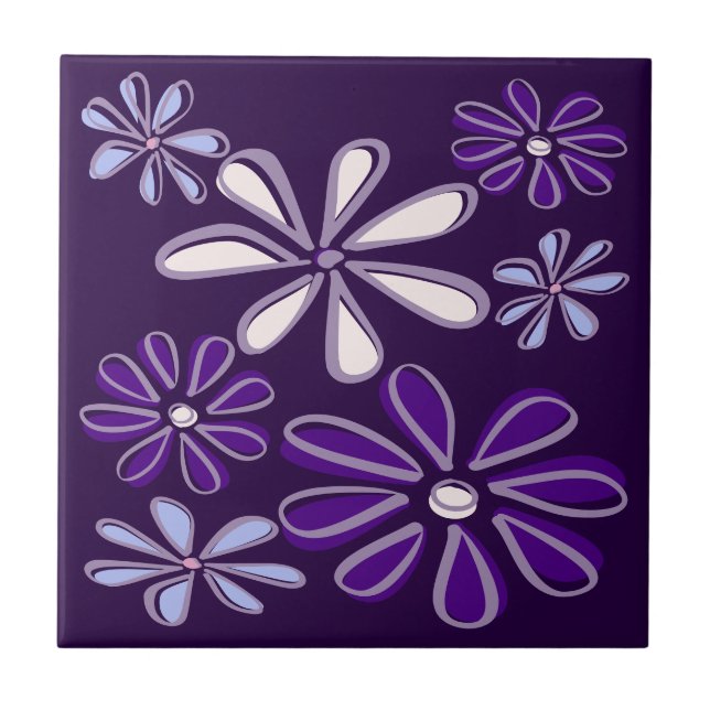 Azulejo Elegante Doodle De Flor Azul Morado Oscuro (Frente)