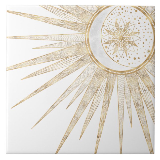 Azulejo Elegante Doodles dorados Sun Moon Mandala Diseño (Frente)