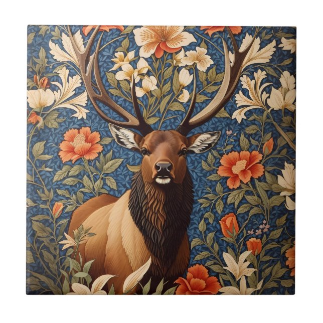 Azulejo Elegante Elk William Morris inspirado en la floral (Frente)
