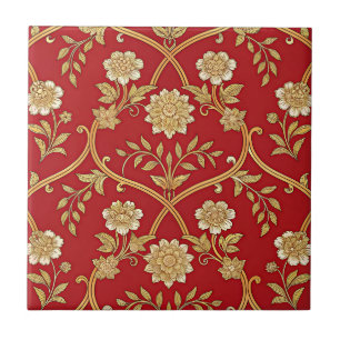 Azulejo Elegante enrejado floral rojo y dorado (1)
