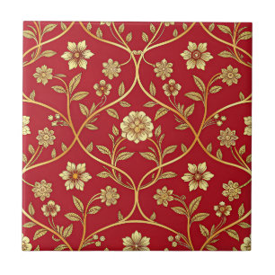 Azulejo Elegante enrejado floral rojo y dorado (2)