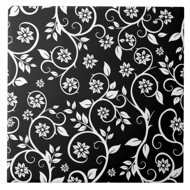 Azulejo Elegante estampado floral en negro y blanco (Frente)
