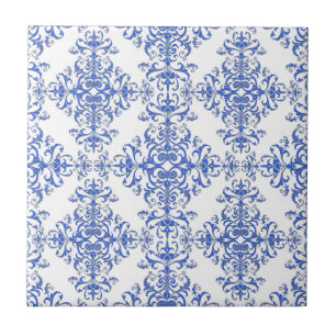 Azulejo Elegante estilo damask floral de cobalto azul y bl
