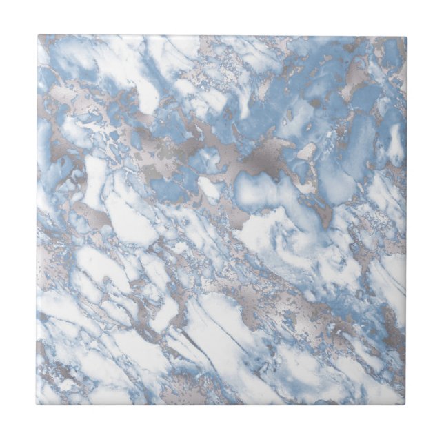 Azulejo Elegante Faux Marble White Dusty Blue Silver (Frente)