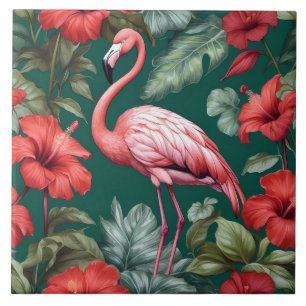 Azulejo Elegante Flamingo Hibiscus Flowers Emerald Green