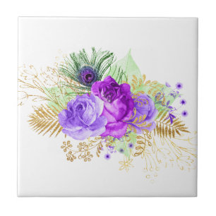 Azulejo Elegante Flor de Rosa Púrpura con Hojas Doradas Fl