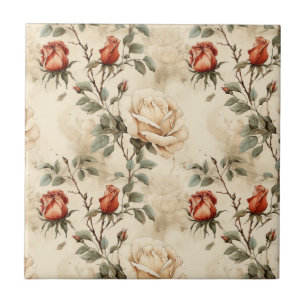 Azulejo Elegante Flor de Rosa Vintage Beige Floral Sin Cos