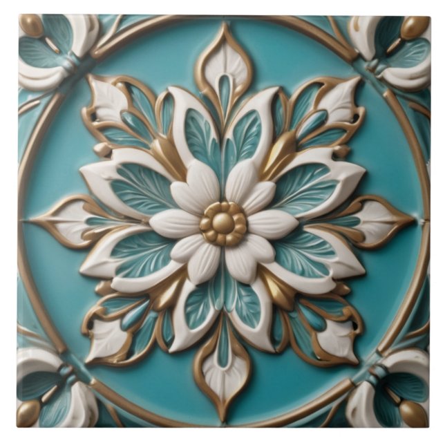 Azulejo Elegante Flor Faux Relief Clásico Turquoise Floral (Frente)