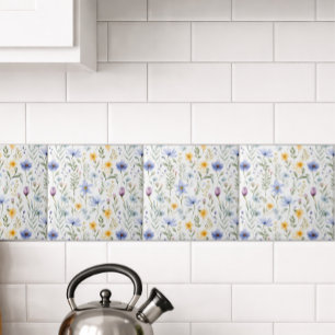 Azulejo Elegante Flor Silvestre Acuarela Azul Púrpura