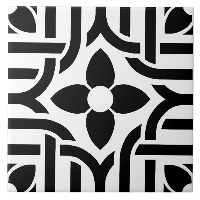 Azulejo Elegante Floral Abstracto Negro y Blanco (Frente)