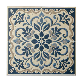 Azulejo Elegante Floral Azul - Diseño Azuljo Portugués