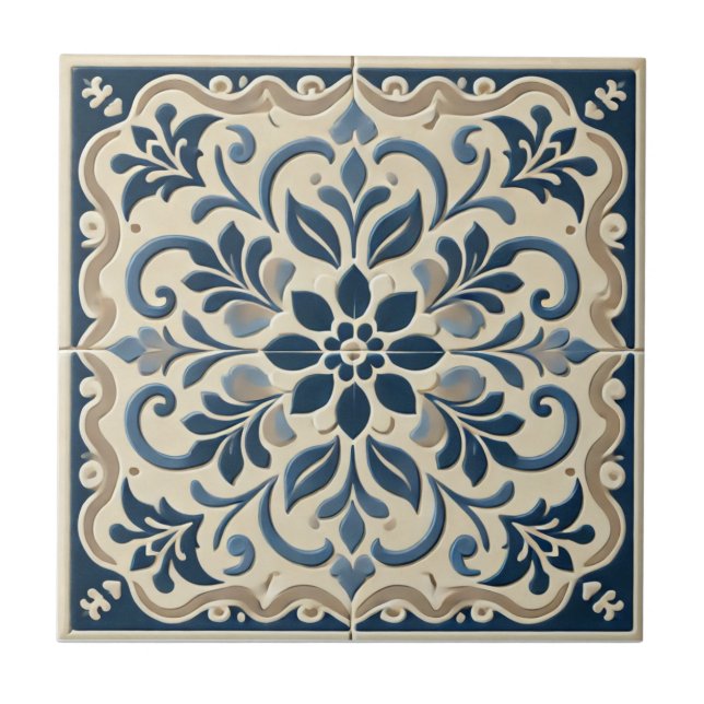 Azulejo Elegante Floral Azul - Diseño Azuljo Portugués (Frente)