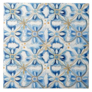 Azulejo Elegante Floral Azul Mediterráneo