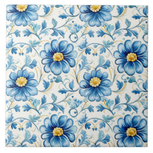 Azulejo Elegante Floral Azul Vintage