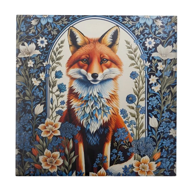 Azulejo Elegante Floral Azul William Morris Inspirado Fox (Frente)