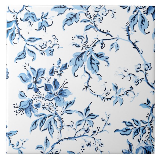 Azulejo Elegante floral azul y blanco Delft (Frente)