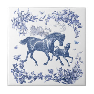 Azulejo Elegante Floral de caballos azules de época