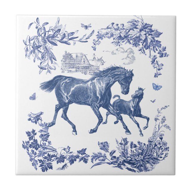 Azulejo Elegante Floral de caballos azules de época (Frente)