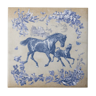 Azulejo Elegante Floral de caballos azules de época