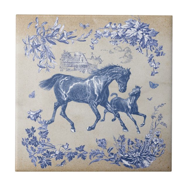 Azulejo Elegante Floral de caballos azules de época (Frente)