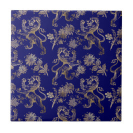 Azulejo Elegante Floral de León de Oro Azul