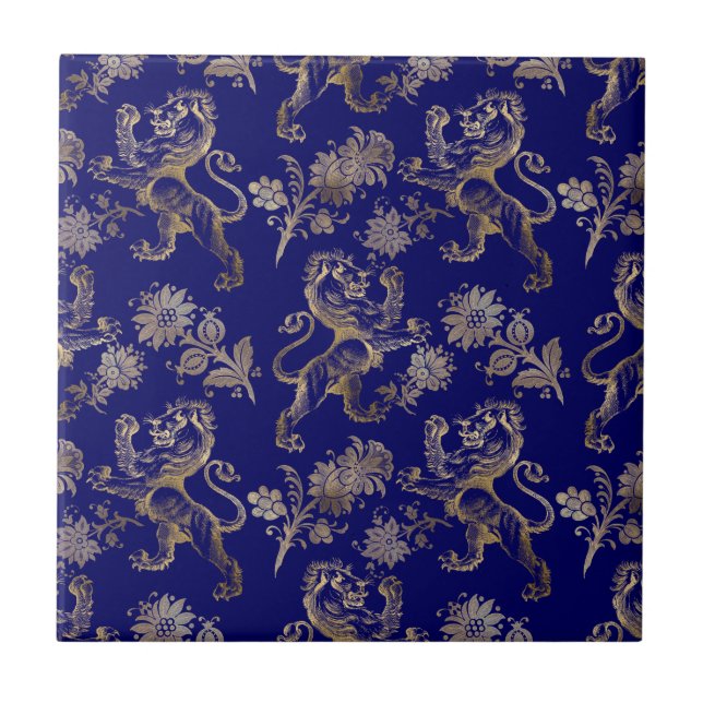 Azulejo Elegante Floral de León de Oro Azul  (Frente)
