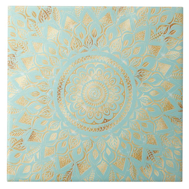 Azulejo Elegante floral de Mandala Verde azulada con luz d (Frente)