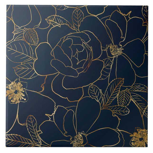 Azulejo Elegante floral de Rosas de oro azul (Frente)