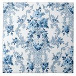 Azulejo Elegante floral rococó azul y blanco francés<br><div class="desc">Elegante,  romántico y ornamentado estilo rococó francés sin fisuras floral con rosas azules y rollos sobre fondo blanco.</div>