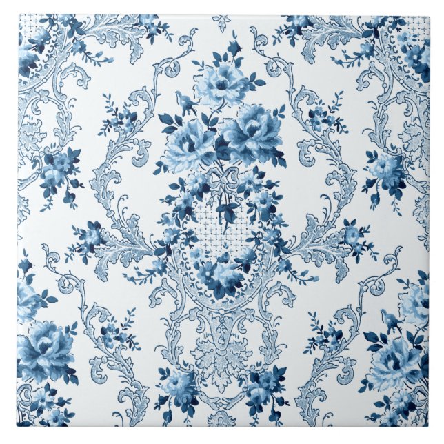Azulejo Elegante floral rococó azul y blanco francés (Frente)