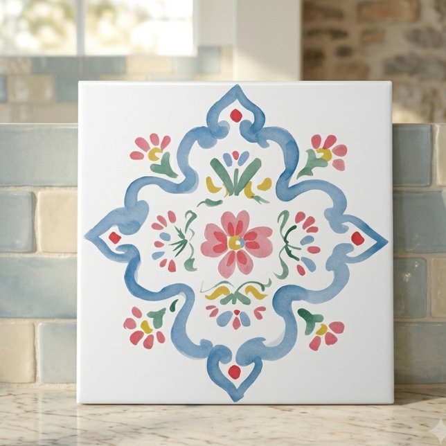 Azulejo Elegante Flores Azules Decorativas Folclóricas (Elegant Blue Flourish Folk Floral Decorative Ceramic Tile
)