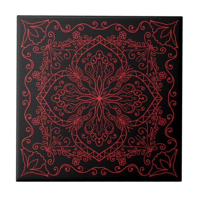 Azulejo Elegante Flores Rojas Negras Mariposa Decorativa (Frente)