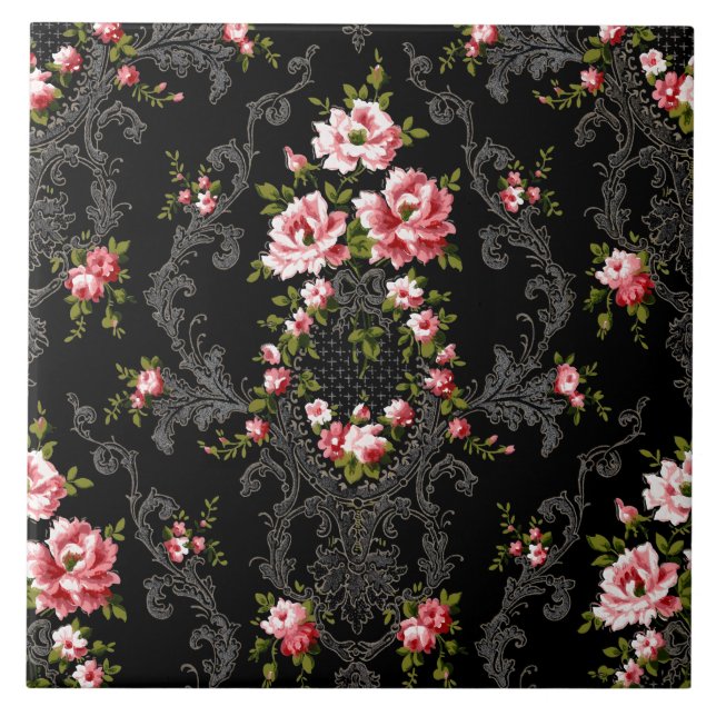 Azulejo Elegante fondo rococó floral-negro francés (Frente)